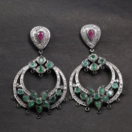 Victorian chandelier earrings with emerald and ruby dangles, antique silver vintage floral gemstone jewelry gift.