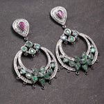 Victorian chandelier earrings with emerald and ruby dangles, antique silver vintage floral gemstone jewelry gift.