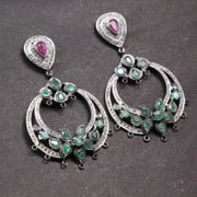 Victorian chandelier earrings with emerald and ruby dangles, antique silver vintage floral gemstone jewelry gift.