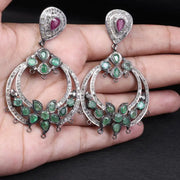Victorian Chandelier Earrings – Emerald & Ruby Dangle, Antique Silver Floral Vintage Gemstone Jewelry Gift