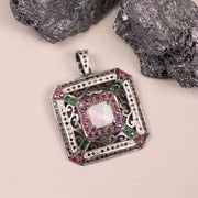 Victorian Style Opal Pendant – Sterling Silver Square Necklace with Ruby, Emerald & Black Diamond Accents | Unique Statement Jewelry Gift