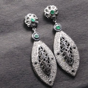 Victorian Style Dangle Earrings – Emerald & Black Diamond Accent Silver Filigree Statement Jewelry Gift