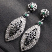 Victorian Style Dangle Earrings – Emerald & Black Diamond Accent Silver Filigree Statement Jewelry Gift