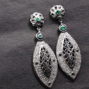 Victorian Style Dangle Earrings – Emerald & Black Diamond Accent Silver Filigree Statement Jewelry Gift