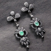 Georgian Style Art Deco Emerald Drop Earrings, Sterling Silver with Diamond Accents, Vintage Statement Jewelry Gift