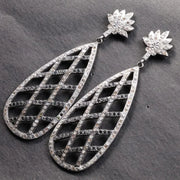 Elegant Silver Statement Drop Earrings – Vintage Art Deco Crystal Dangle Lotus Teardrop Earrings, Gift for Her
