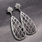 Elegant Silver Statement Drop Earrings – Vintage Art Deco Crystal Dangle Lotus Teardrop Earrings, Gift for Her