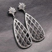 Elegant Silver Statement Drop Earrings – Vintage Art Deco Crystal Dangle Lotus Teardrop Earrings, Gift for Her