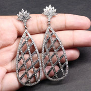 Elegant Silver Statement Drop Earrings – Vintage Art Deco Crystal Dangle Lotus Teardrop Earrings, Gift for Her