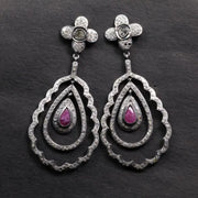 Vintage Ruby Drop Earrings – Victorian Teardrop Dangle with Floral Diamond Accents, Statement Gemstone Jewelry Gift