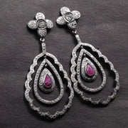 Vintage Ruby Drop Earrings – Victorian Teardrop Dangle with Floral Diamond Accents, Statement Gemstone Jewelry Gift