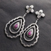 Vintage Ruby Drop Earrings – Victorian Teardrop Dangle with Floral Diamond Accents, Statement Gemstone Jewelry Gift