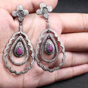 Vintage Ruby Drop Earrings – Victorian Teardrop Dangle with Floral Diamond Accents, Statement Gemstone Jewelry Gift
