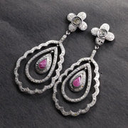 Vintage Ruby Drop Earrings – Victorian Teardrop Dangle with Floral Diamond Accents, Statement Gemstone Jewelry Gift