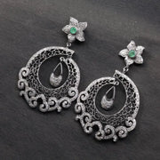 Victorian Style Chandelier Earrings – Vintage Filigree Drop with Emerald & Rose Cut Diamonds, Antique Silver Statement Jewelry Gift