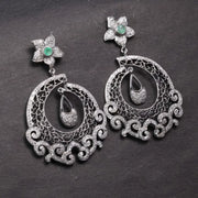Victorian Style Chandelier Earrings – Vintage Filigree Drop with Emerald & Rose Cut Diamonds, Antique Silver Statement Jewelry Gift