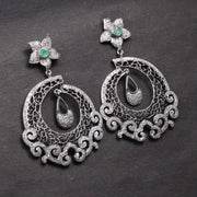 Victorian Style Chandelier Earrings – Vintage Filigree Drop with Emerald & Rose Cut Diamonds, Antique Silver Statement Jewelry Gift