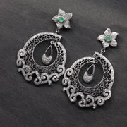 Victorian Style Chandelier Earrings – Vintage Filigree Drop with Emerald & Rose Cut Diamonds, Antique Silver Statement Jewelry Gift