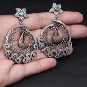 Victorian Style Chandelier Earrings – Vintage Filigree Drop with Emerald & Rose Cut Diamonds, Antique Silver Statement Jewelry Gift