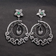Victorian Style Chandelier Earrings – Vintage Filigree Drop with Emerald & Rose Cut Diamonds, Antique Silver Statement Jewelry Gift