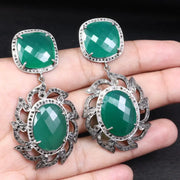 Art Deco Style Earrings – Vintage Silver Drop Emerald Green Statement Dangle Jewelry, Elegant Gift for Her