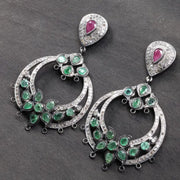 Victorian Chandelier Earrings – Emerald & Ruby Dangle, Antique Silver Floral Vintage Gemstone Jewelry Gift
