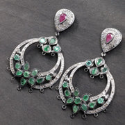 Victorian Chandelier Earrings – Emerald & Ruby Dangle, Antique Silver Floral Vintage Gemstone Jewelry Gift