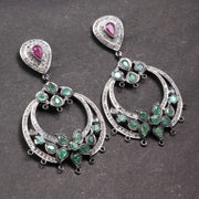 Victorian Chandelier Earrings – Emerald & Ruby Dangle, Antique Silver Floral Vintage Gemstone Jewelry Gift