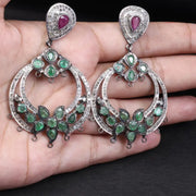 Victorian Chandelier Earrings – Emerald & Ruby Dangle, Antique Silver Floral Vintage Gemstone Jewelry Gift