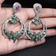 Victorian Chandelier Earrings – Emerald & Ruby Dangle, Antique Silver Floral Vintage Gemstone Jewelry Gift