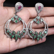 Victorian Chandelier Earrings – Emerald & Ruby Dangle, Antique Silver Floral Vintage Gemstone Jewelry Gift