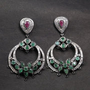 Victorian Chandelier Earrings – Emerald & Ruby Dangle, Antique Silver Floral Vintage Gemstone Jewelry Gift