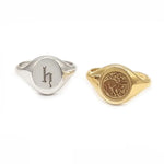 Minimalist gold initial signet ring for women with personalized alphabet detail and dainty finish