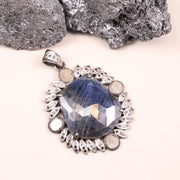 Vintage Large Blue Gemstone Pendant – Sterling Silver Marquise Shaped Pendant | Art Deco Style Jewelry, Unique Gift for Her
