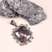 Art Deco Style Pendant – Large Purple Gemstone with Silver, Green & Black Diamond Accents | 18th Century Inspired Jewelry Gift