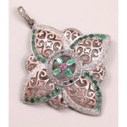 1980s Victorian Style Jewelry – Sterling Silver Vintage Pendant with Pink & Green Ruby Diamonds | Gothic Antique Jewelry Gift
