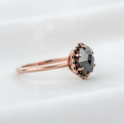 Octagon Black Diamond Engagement Ring in 14K Rose Gold, Unique Vintage Bridal Ring for Women