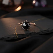 Octagon Black Diamond Engagement Ring in 14K Rose Gold, Unique Vintage Bridal Ring for Women