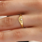 Dainty 0.2 Ct Signet Ring with Diamond Sunburst Design, 14K Gold Minimal Ring for Women