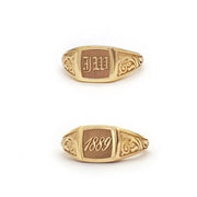 Elegant dainty gold initial ring with custom alphabet engraving in a sleek and stylish signet design
