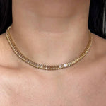 12.00 Ct white moissanite baguette tennis necklace with brilliant diamond-like sparkle, elegant luxury jewelry piece