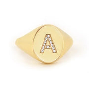 Custom Lab Grown 0.06 Ct Diamond Letter A Signet Ring Solid Gold Personalized Ring for Her
