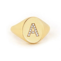 Custom Lab Grown 0.06 Ct Diamond Letter A Signet Ring Solid Gold Personalized Ring for Her