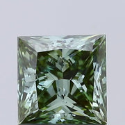 vivid green colour diamond princess cut green lab grown diamond with sharp facets on a light gray background.