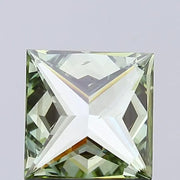 vivid green colour diamond princess cut green lab grown diamond with sharp facets on a light gray background.