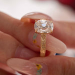 Elongated cushion cut lab grown diamond ring with vintage engraved gold band