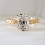 Elongated cushion cut lab grown diamond ring with vintage engraved gold band