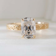 Elongated cushion cut lab grown diamond ring with vintage engraved gold band