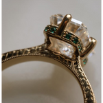 Halo emerald ring engagement with classic diamond styling, step cut diamond ring, lab grown ring