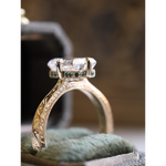 Elongated cushion cut lab grown diamond ring with vintage engraved gold band